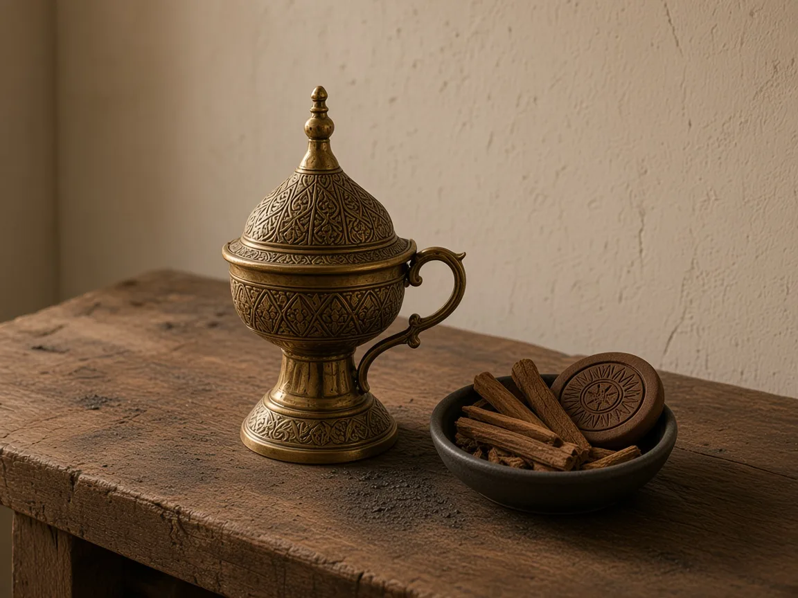 Brass bakhoor burner on a wooden atelier table