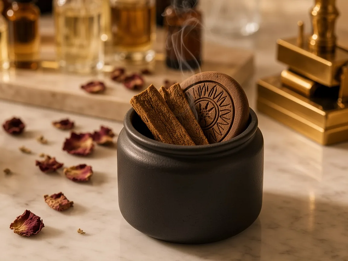 Bakhoor chips and incense in a ceramic jar