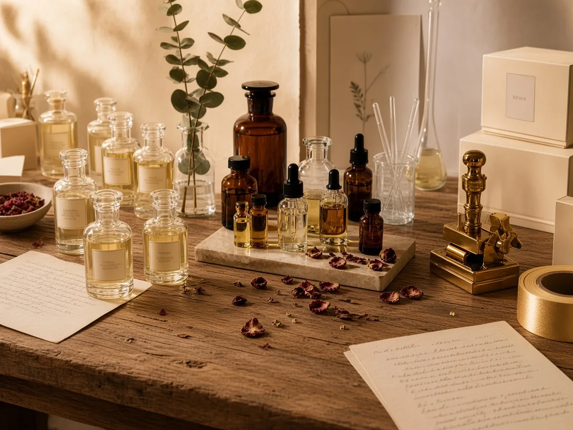Private label brief materials on an atelier desk
