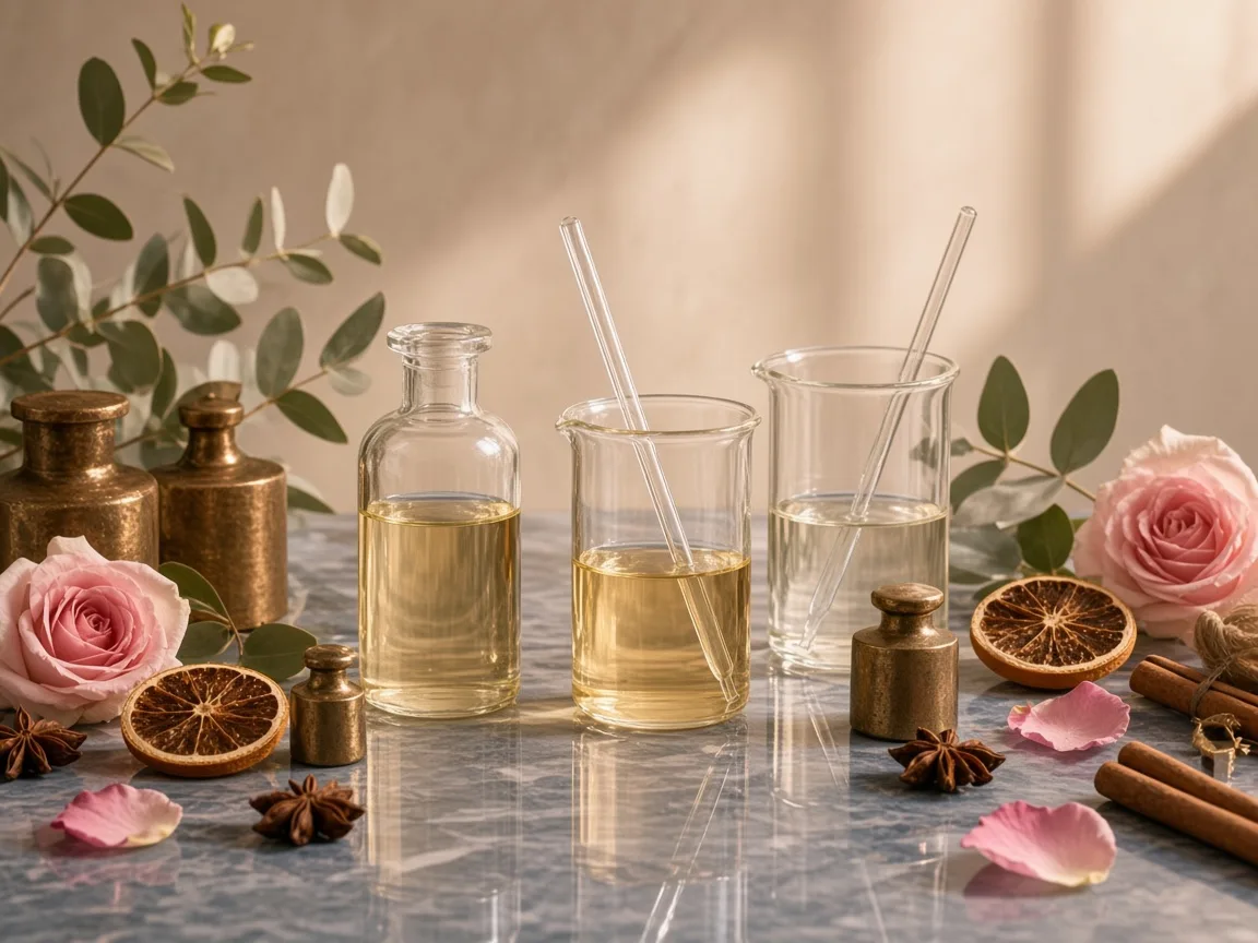 Fragrance compounding glassware with golden liquid
