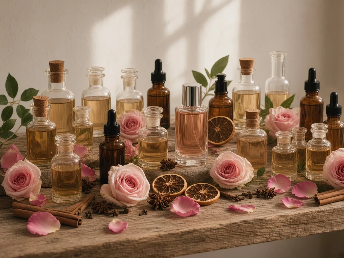 Shelf of amber perfume oil bottles in the atelier library