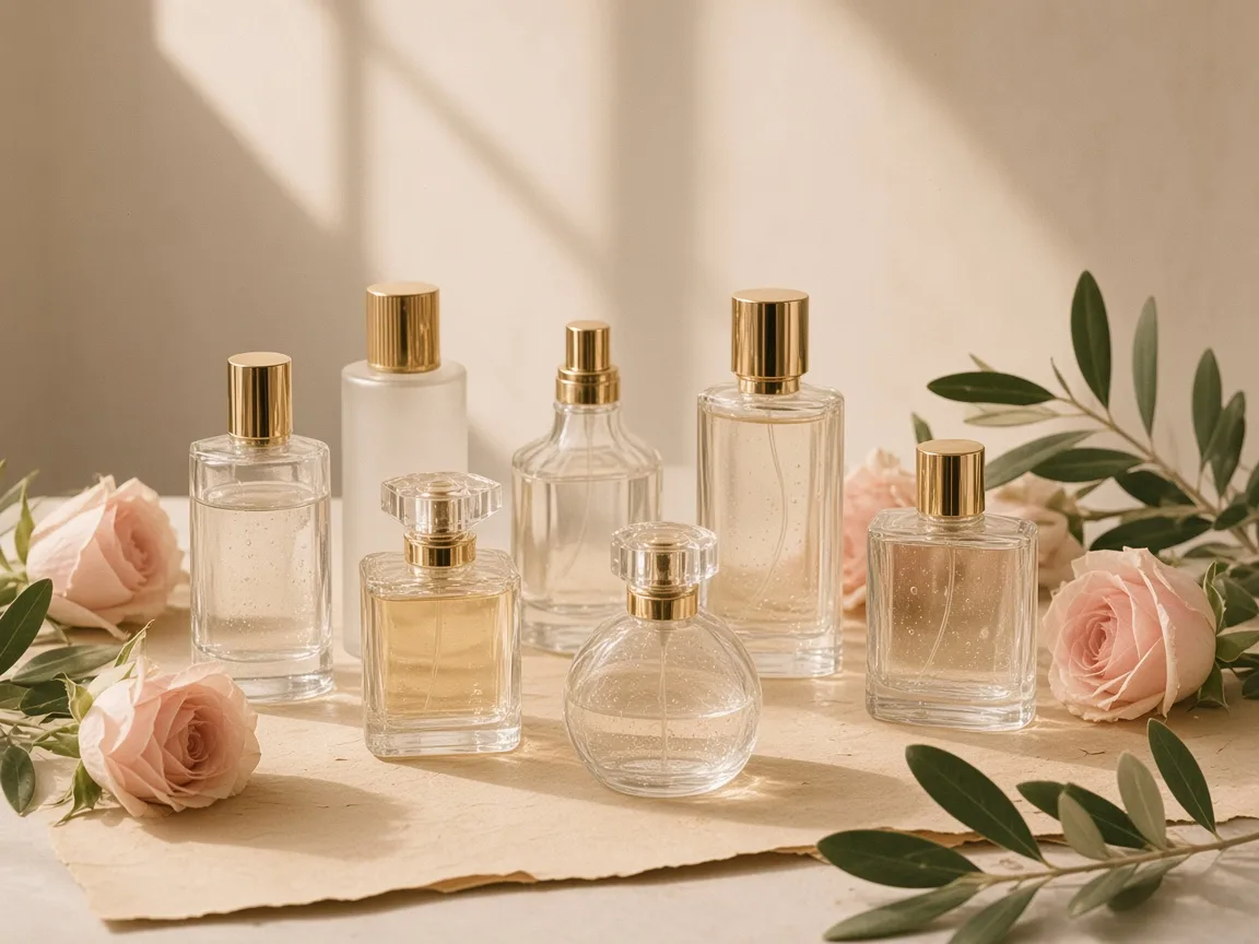 Clear and frosted perfume bottles with gold collars