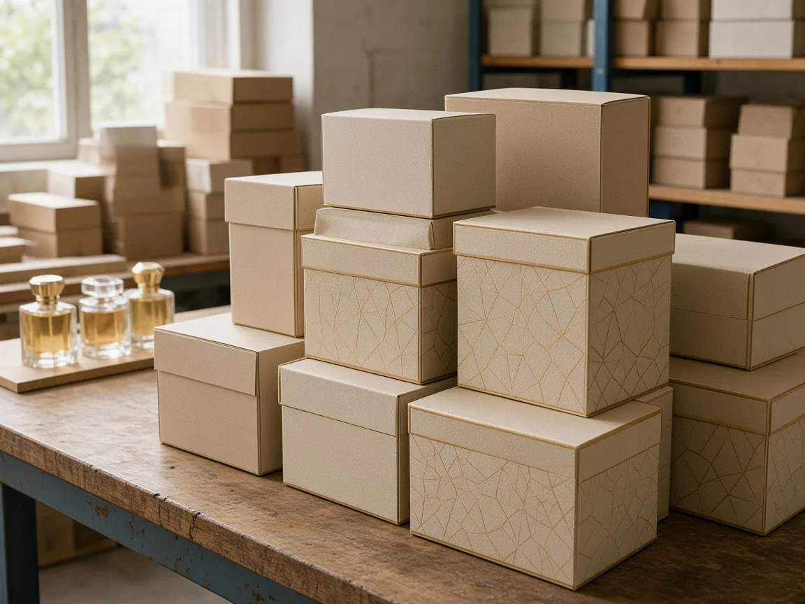 Rigid and soft perfume packaging boxes in a studio